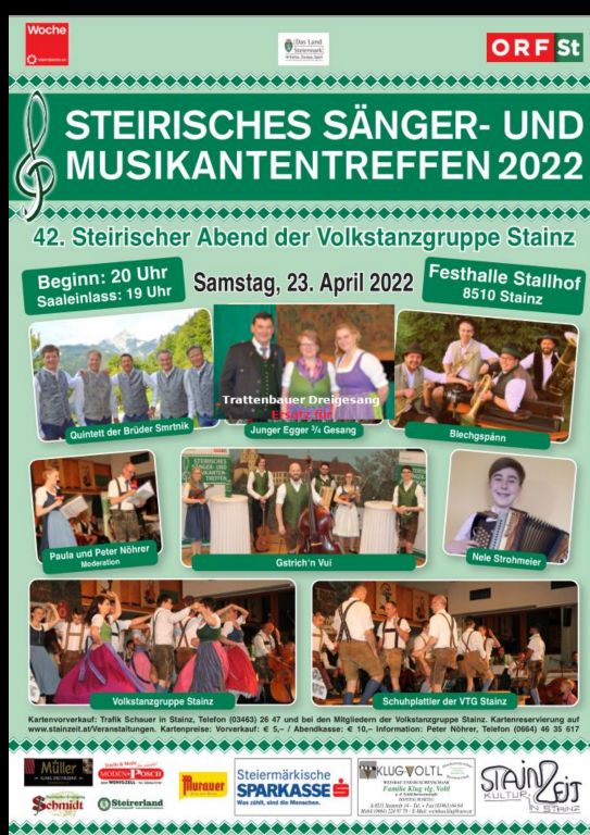 Mitwirkende: Quintett der Brüder Smrtnik (K), Trattenbauer Dreigesang als Ersatz für Junger Egger 3/4-Gesang (S), Blechgspann (ST), Gstrich'n Vui (ST), Nele Strohmeier (Kanditatin Harmonikawettbewerb)